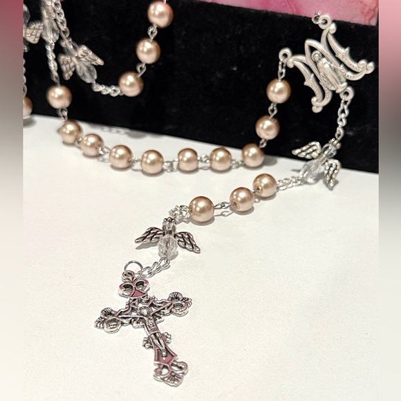 Handmade Pink Beige Pearl Rosary with Angel Mysteries - Picture 2 of 3